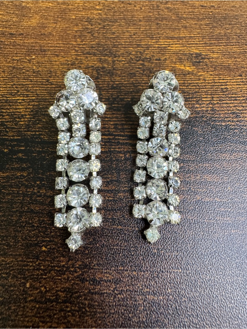 Vintage Clear Rhinestone Drop Clip-On Earrings - Silver Tone